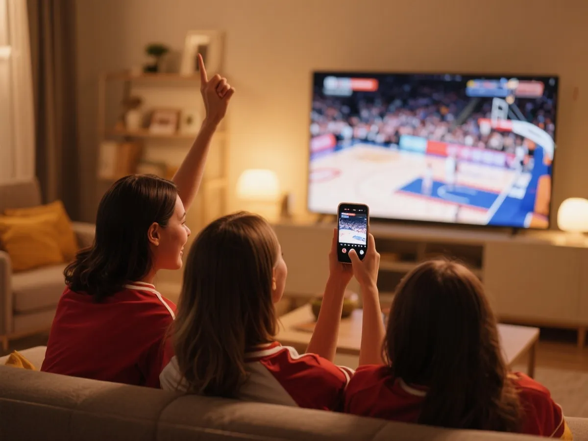 女篮球迷观看直播与获取赛事信息的生活场景